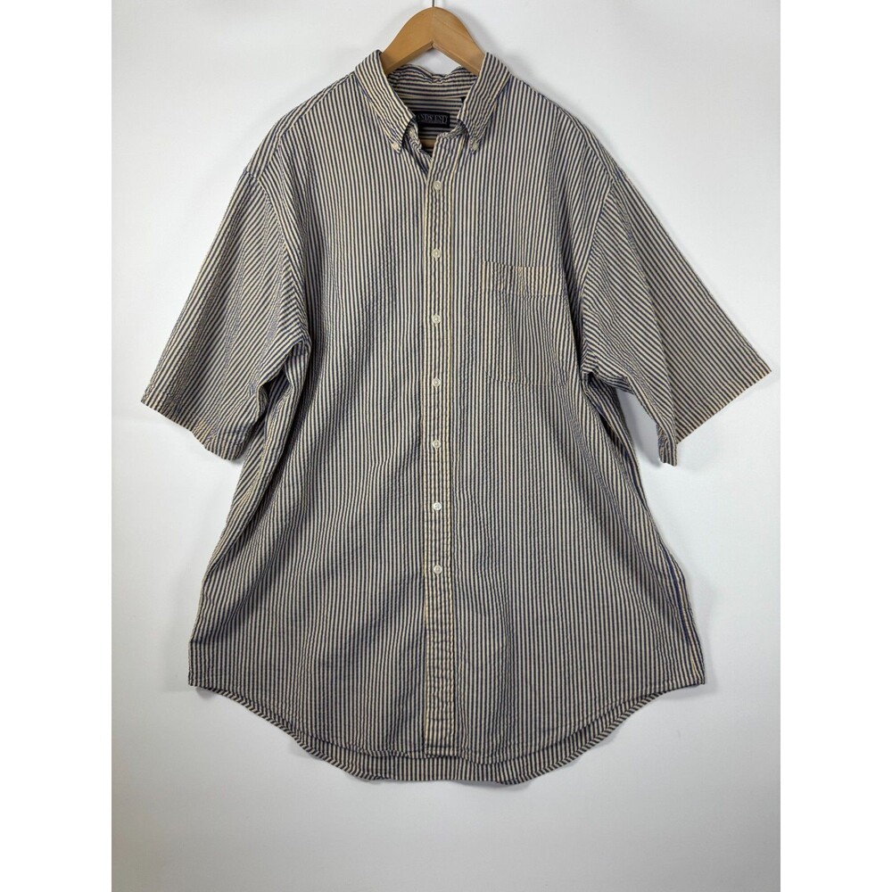 Vintage Lands End Direct Merchants Shirt Mens XL Tall Blue Tan Seersucker Preppy